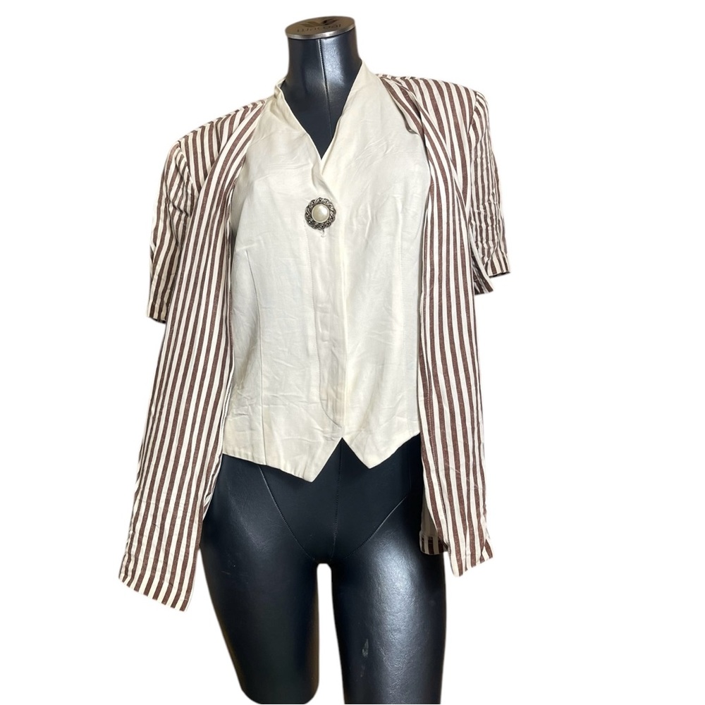 Vintage 1980s Brown Vertical Stripe Career Style Top Shirt Womens Made in USA